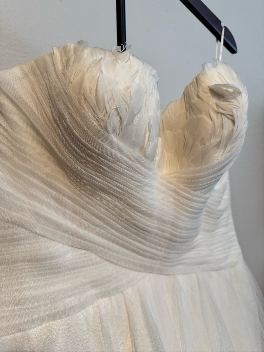 Pronovias Ivory Strapless Feather-Trimmed Wedding Gown